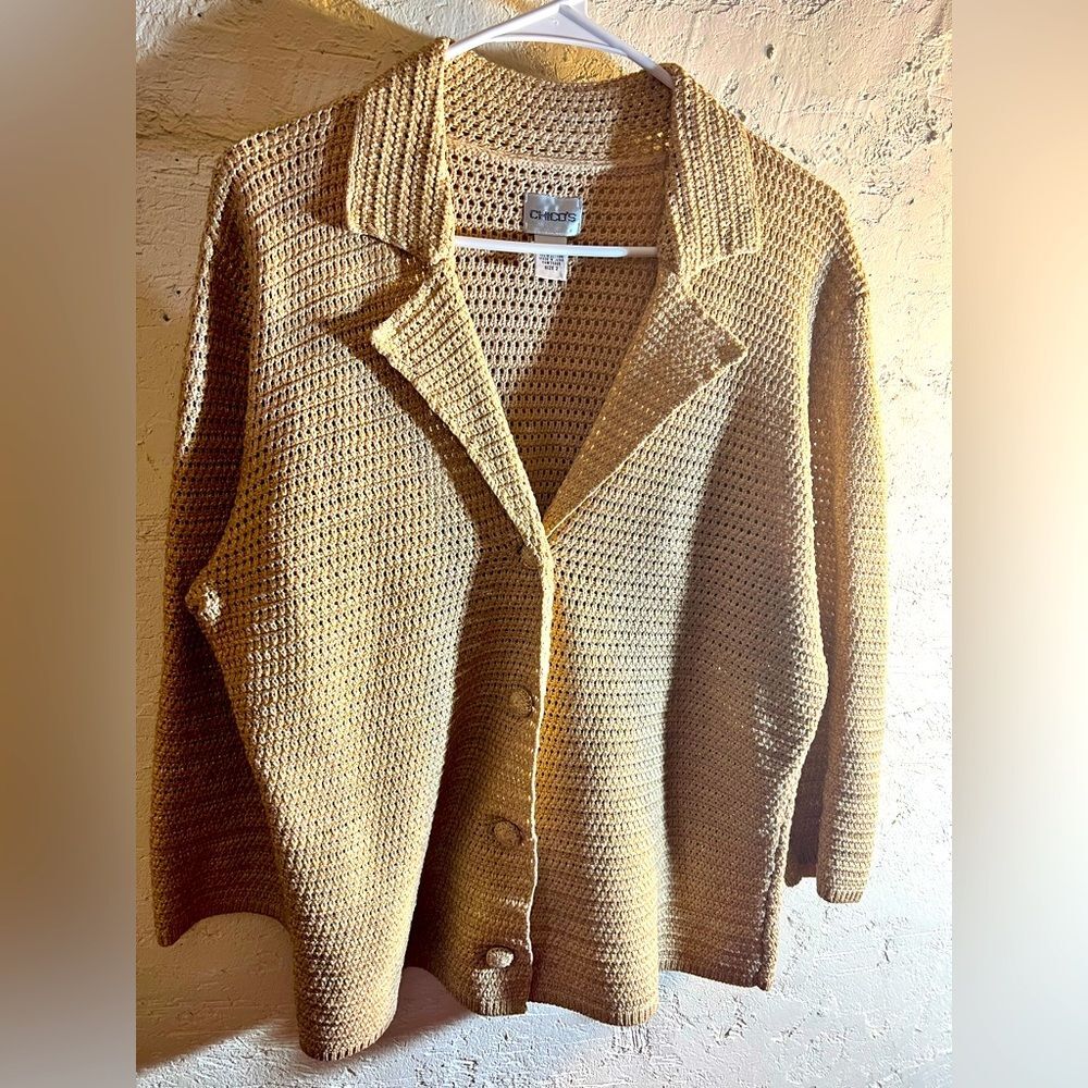 Chicos Cozy Gold Knit/crochet sweater, covered buttons, beautiful layering piece